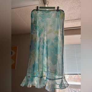 Blue and green floral midi skirt with ruffle hem